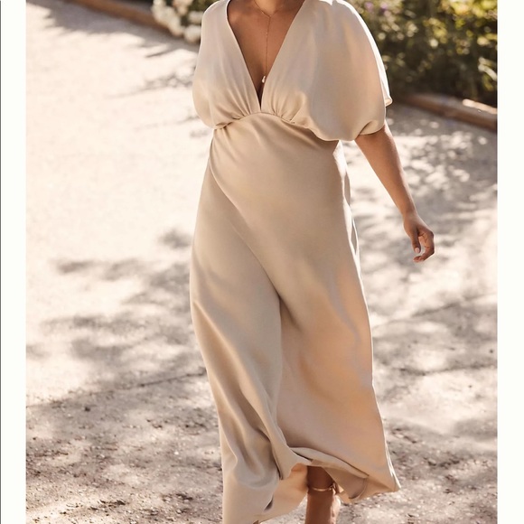 white christmas dresses Gathered Bust Flutter Sleeve Satin Bridesmaid Dress - Champagne main image 0